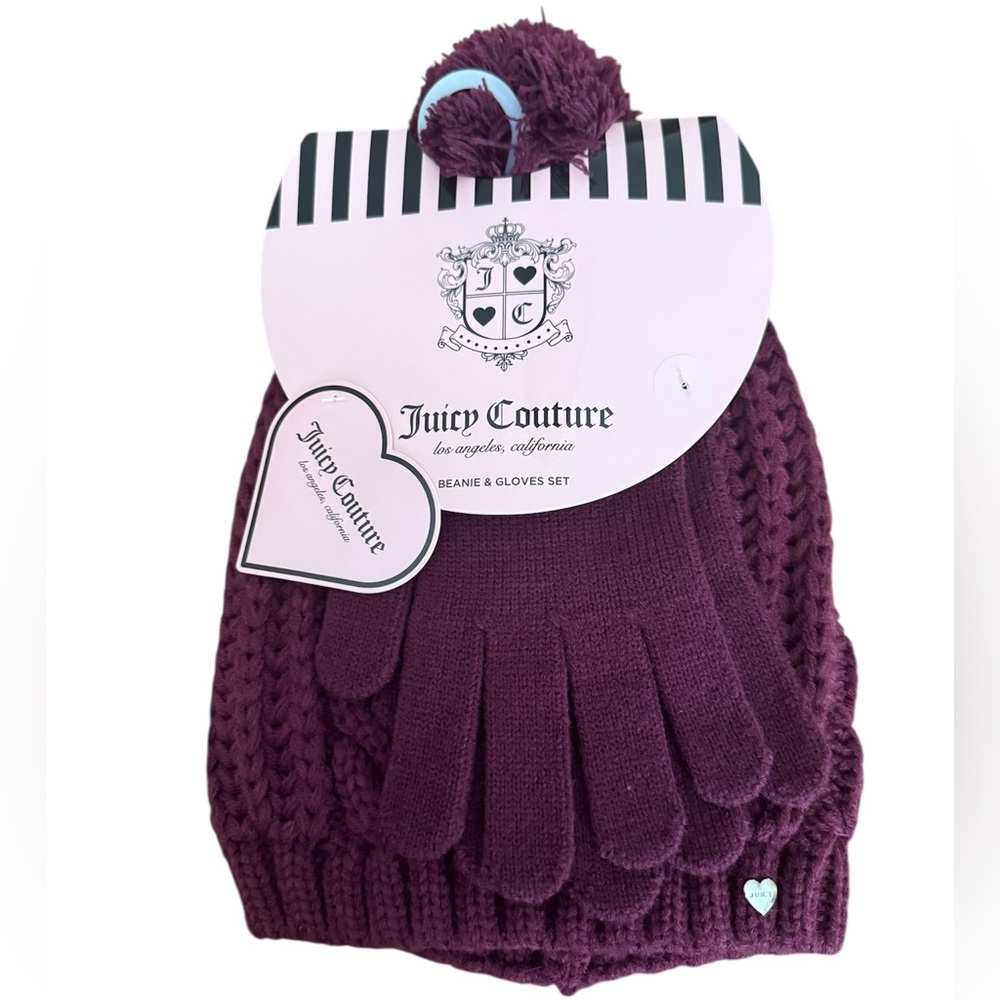 Juicy Couture Maroon Knit Beanie and Gloves Set